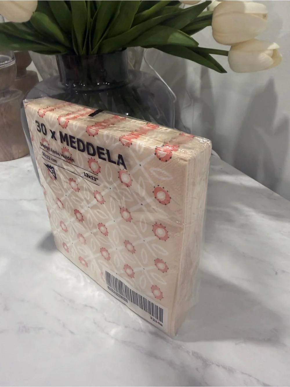 IKEA MEDDELA 30-Pack 13” Square Patterned Napkins in Cream Pink and Coral Pink